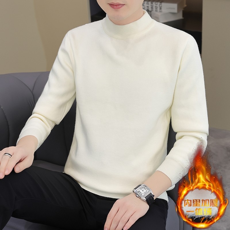 加绒加厚毛衣男士冬季修身百搭加厚半高领一体绒针织毛衣打底衫男