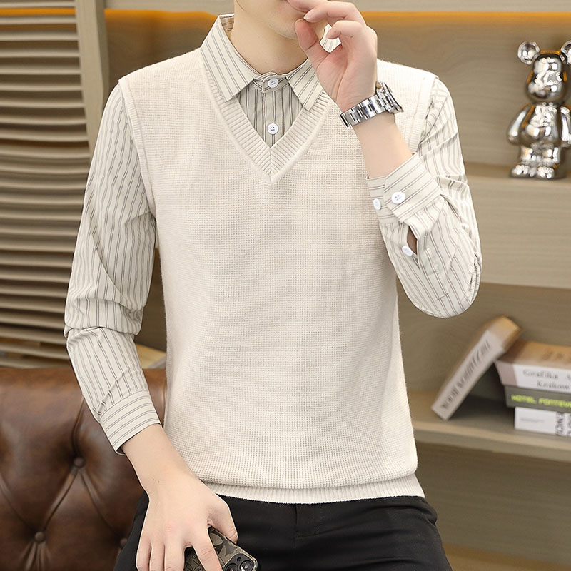 秋冬季时尚修身衬衫领假两件毛衣加绒加厚男装最新款潮款针织毛衣