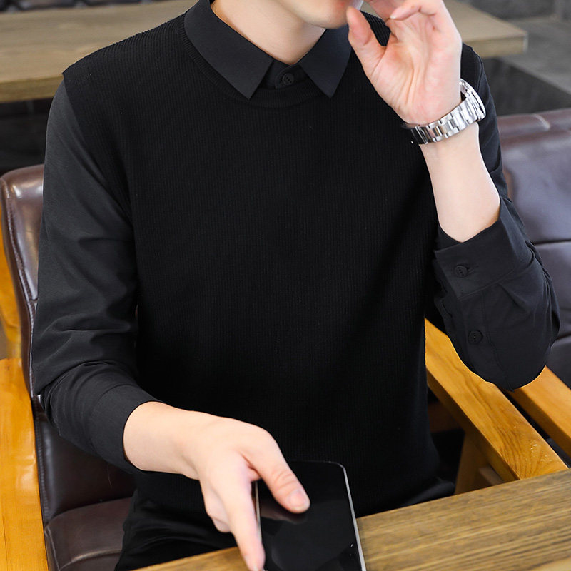 2024秋冬新款男士时尚潮流百搭纯色针织修身毛衣衬衫领针织上衣男