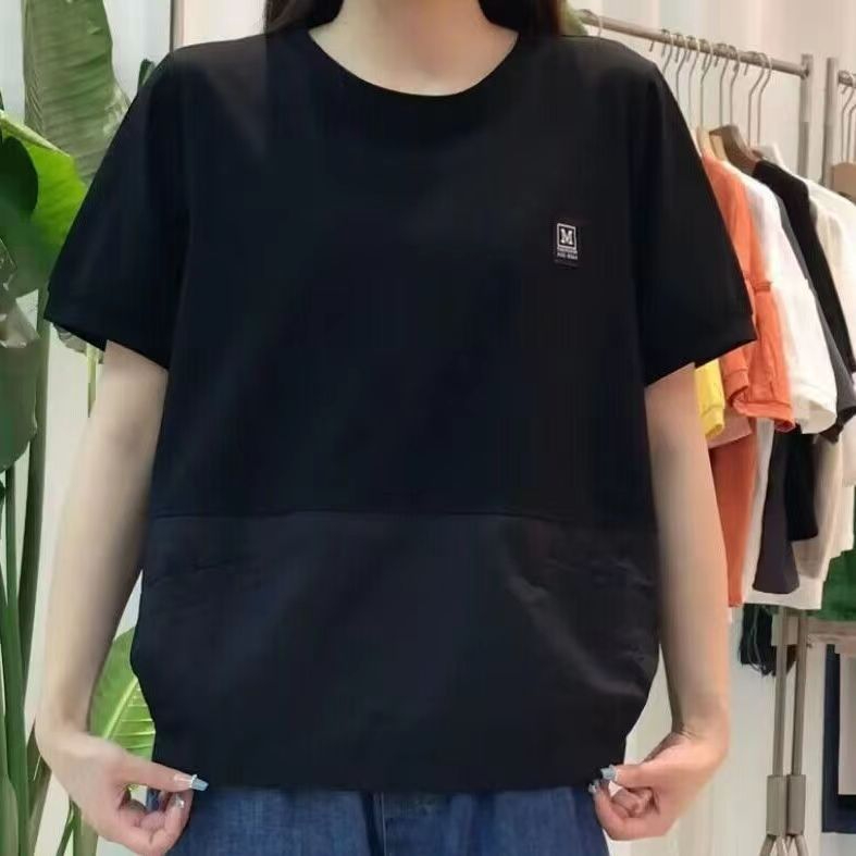 夏季新款短袖T恤女透气吸汗大码宽松显瘦拼接百搭卫衣上衣百搭