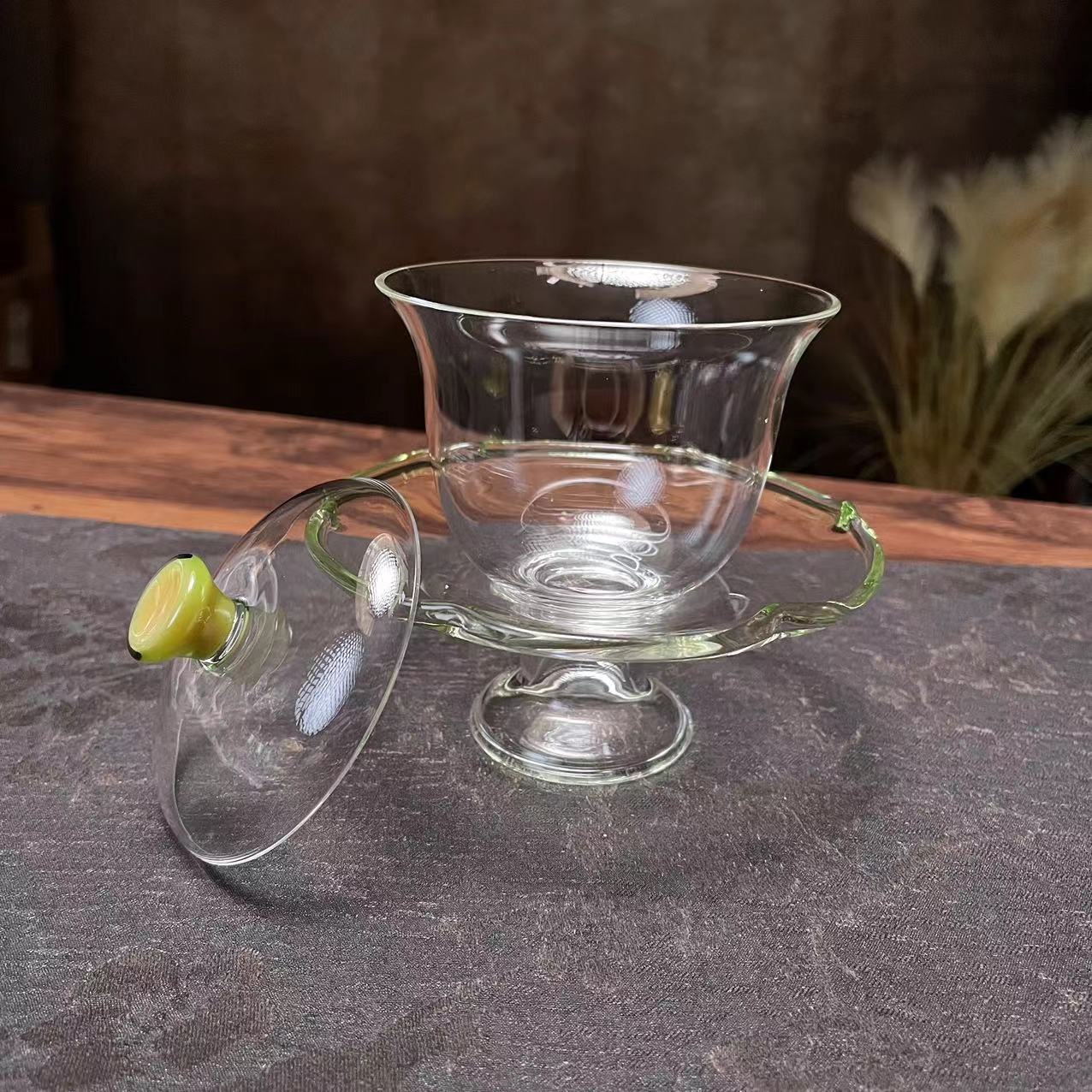 天久璃匠高档茶道耐热昕然盖碗仿宋高脚纯手工加厚高硼硅耐热玻璃