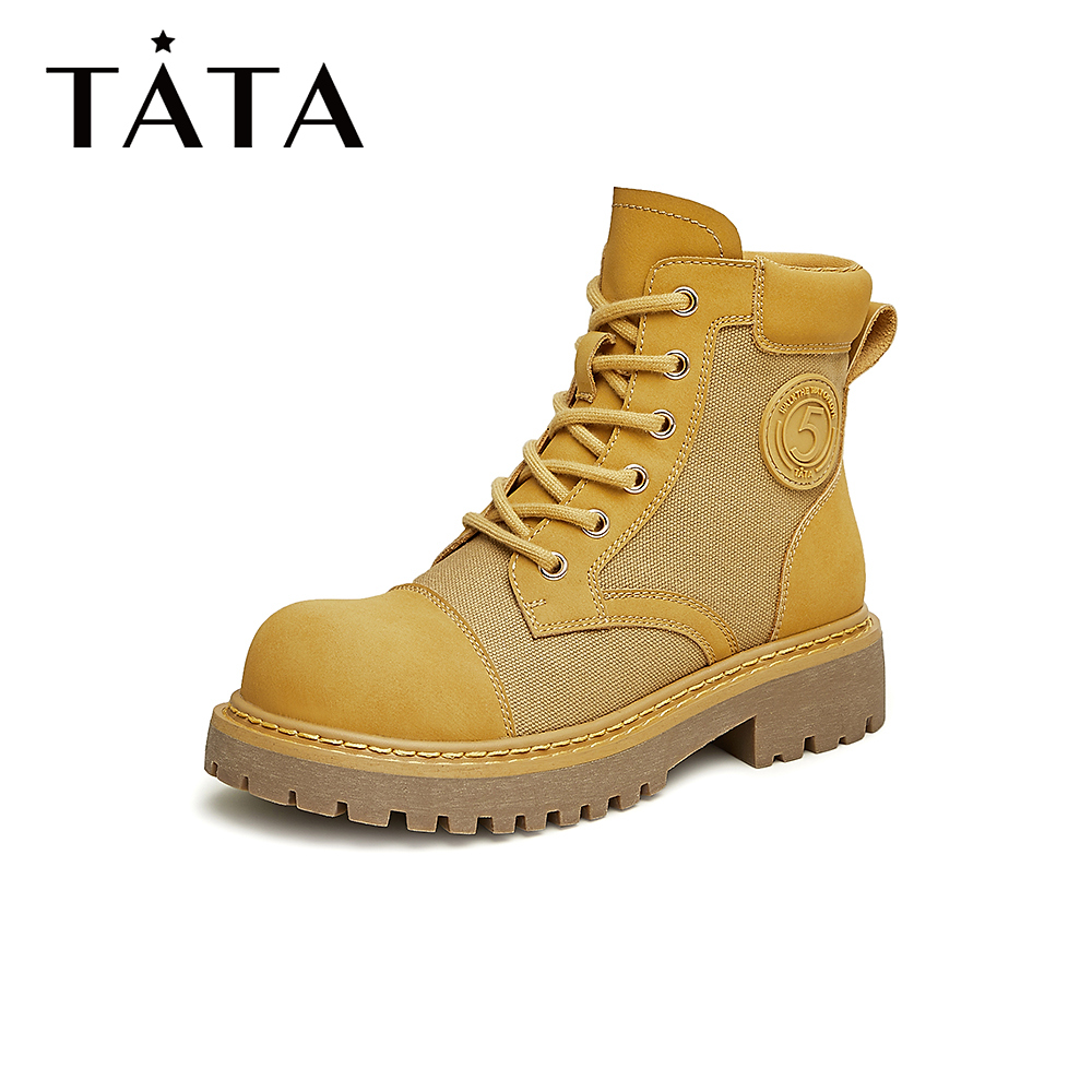 Tata/他她冬时尚撞色拼接百搭工装靴马丁靴女鞋新WZT01DD3