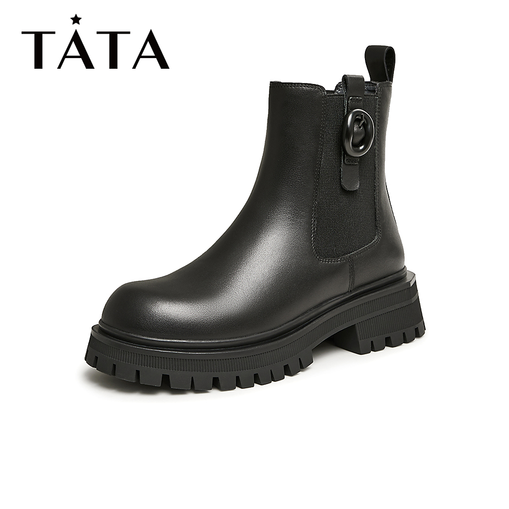 Tata/他她冬商场同款时尚拼接牛皮切尔西靴女鞋新WVU06DD3