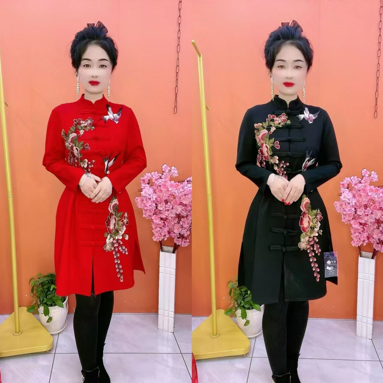 盘扣喜鹊旗袍连衣裙