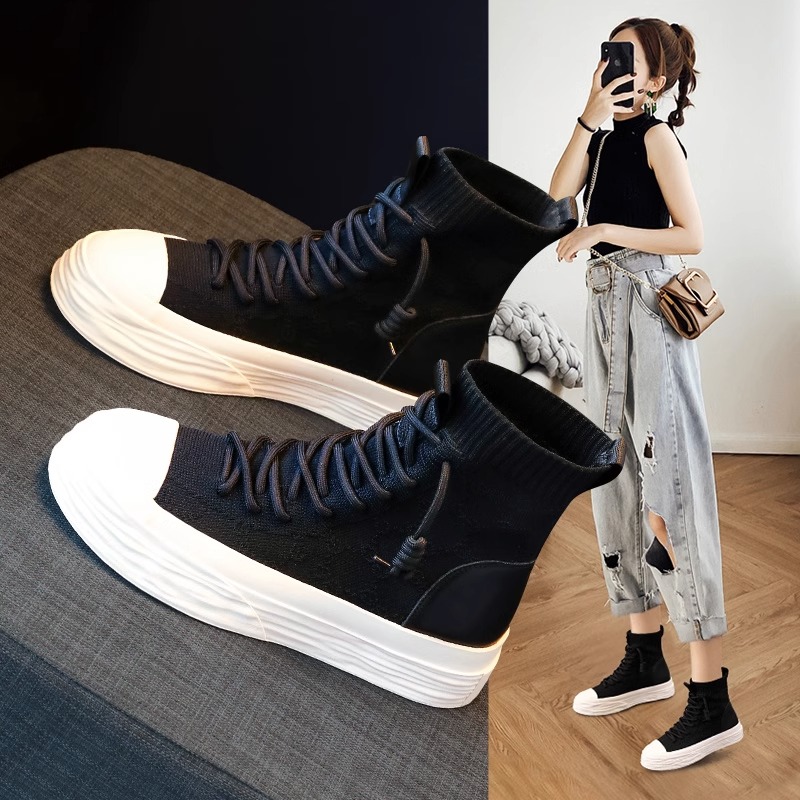 回力瑞高帮鞋女2024春秋时尚百搭透气针织板鞋ins厚底运动休闲鞋