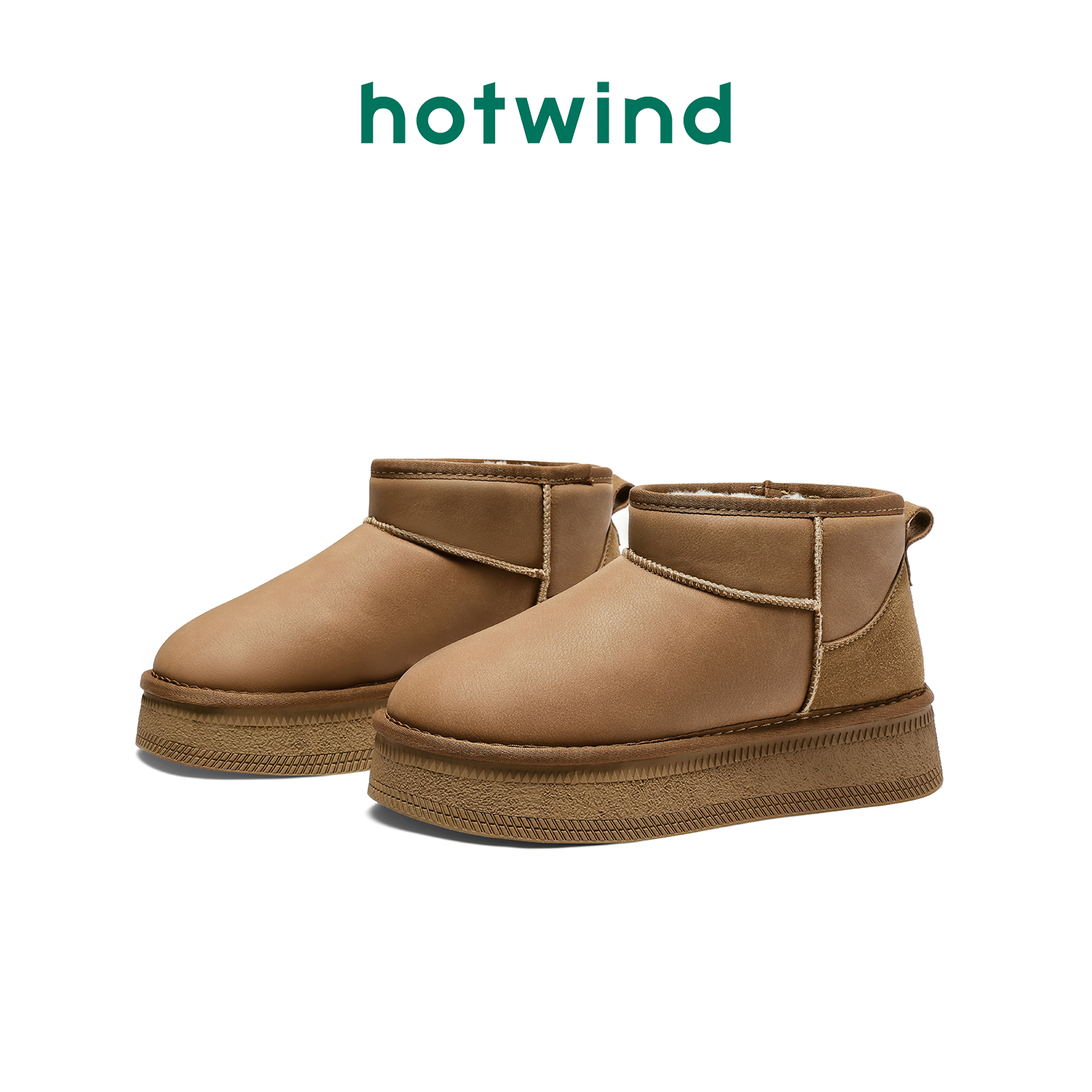 Hotwind/热风时尚百搭筒靴女2023冬季新款厚底保暖潮流套脚雪地靴