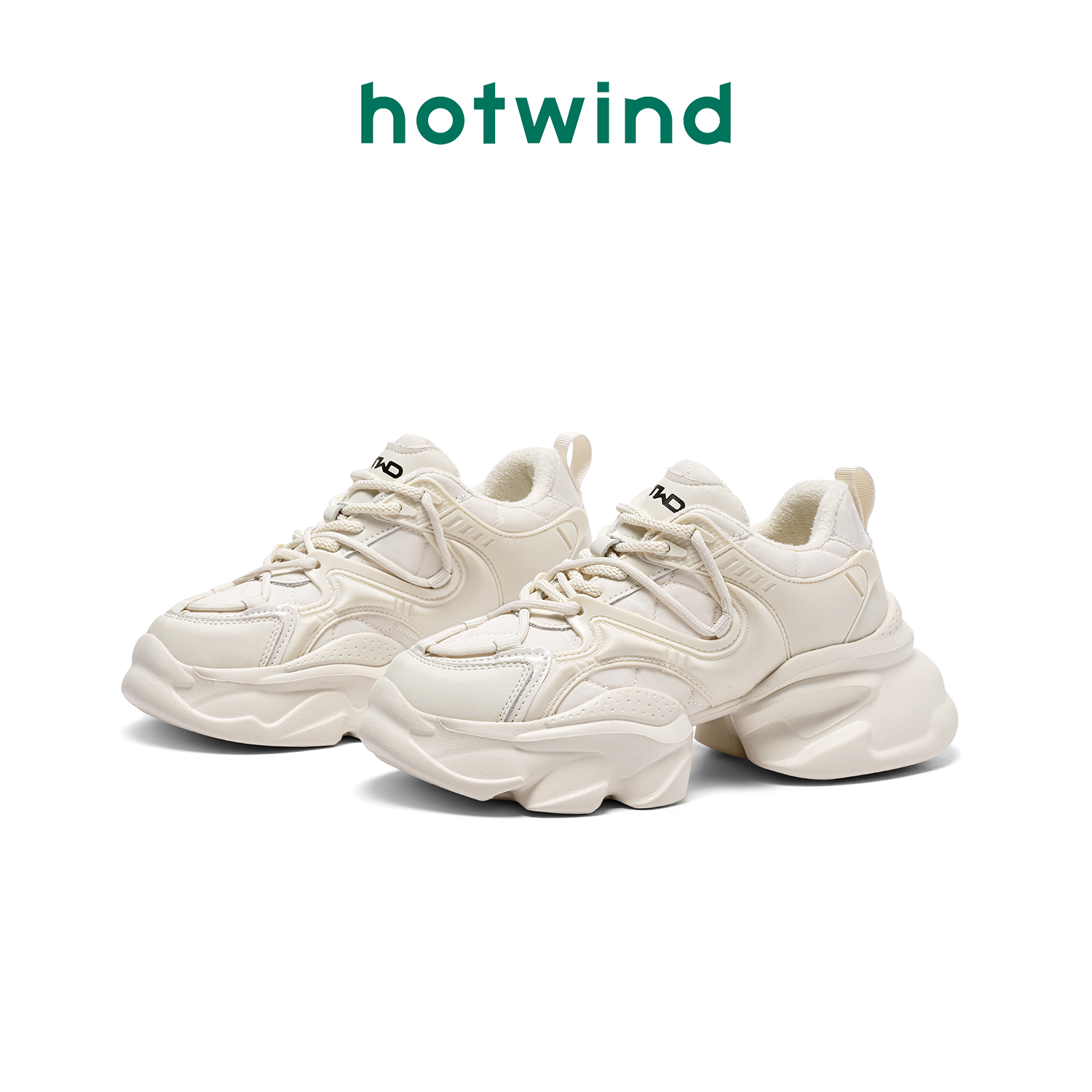 Hotwind/热风休闲鞋女冬季款加绒款厚底圆头系带潮流百搭老爹鞋