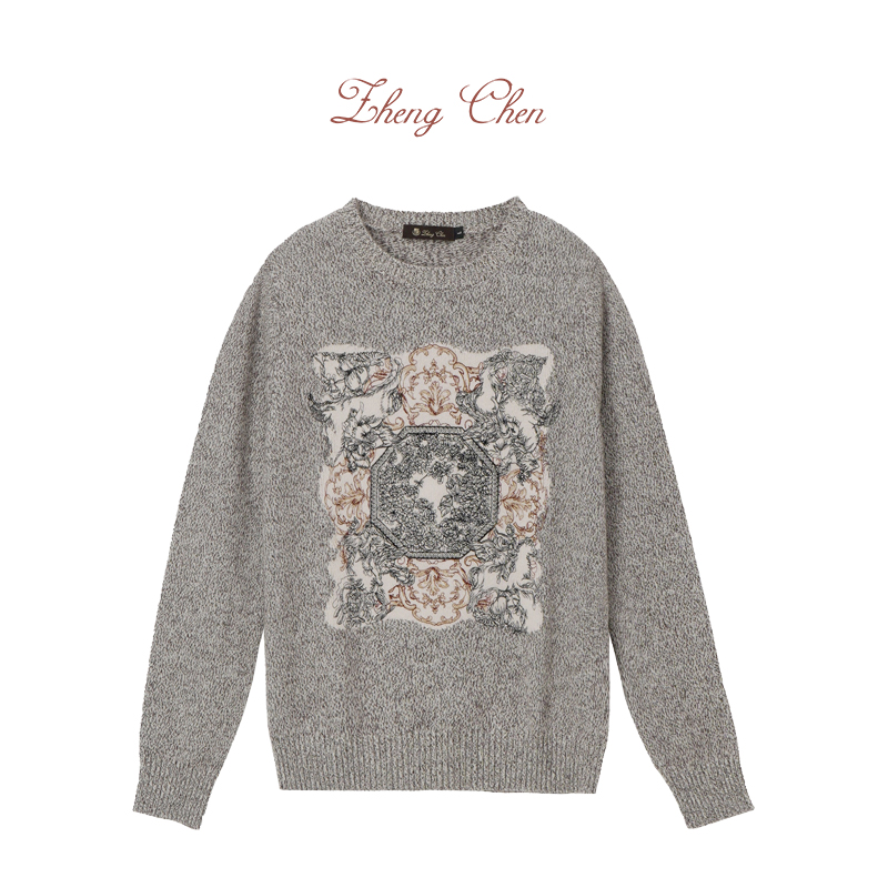 Zhengchen/正辰女士圆领蓝色提花卡通休闲套头毛衫 A6D128-940