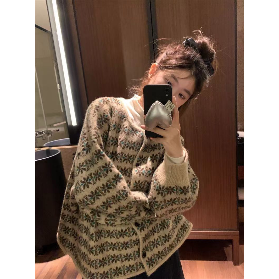 日常新中式复古提花花朵圆领春秋毛衣开衫外套女秋冬宽松针织衫潮