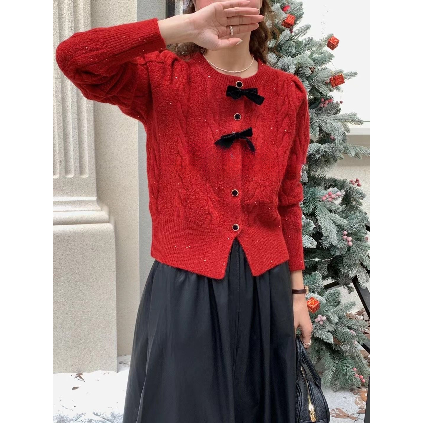 浅浅专属春秋新款温柔蝴蝶结毛衣外套女泡泡袖麻花小香风针织开衫