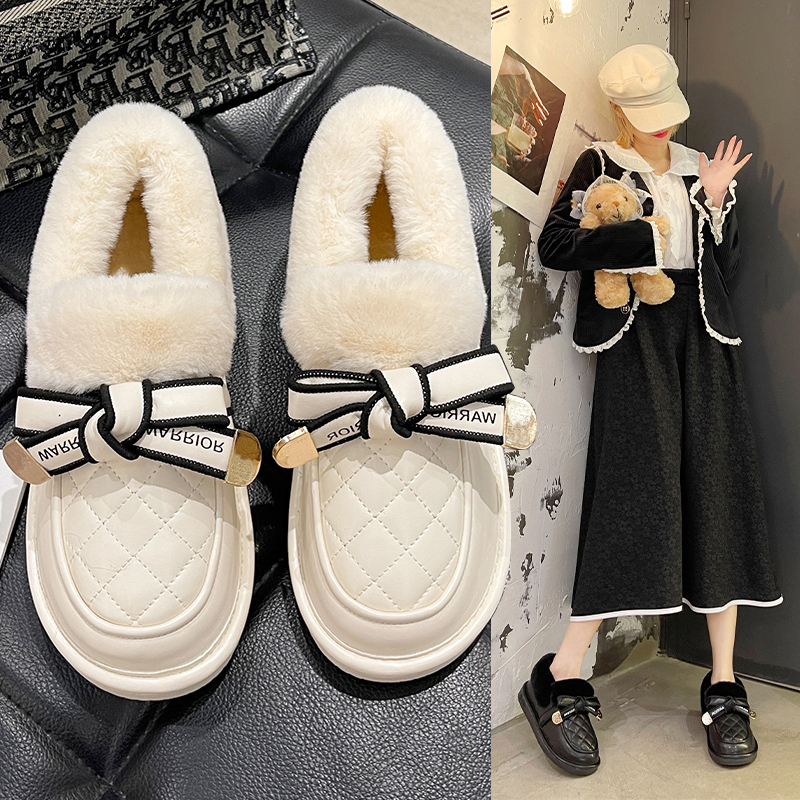 品牌断码加绒面包鞋女2024新款秋冬加厚防滑保暖棉鞋蝴蝶结雪地靴