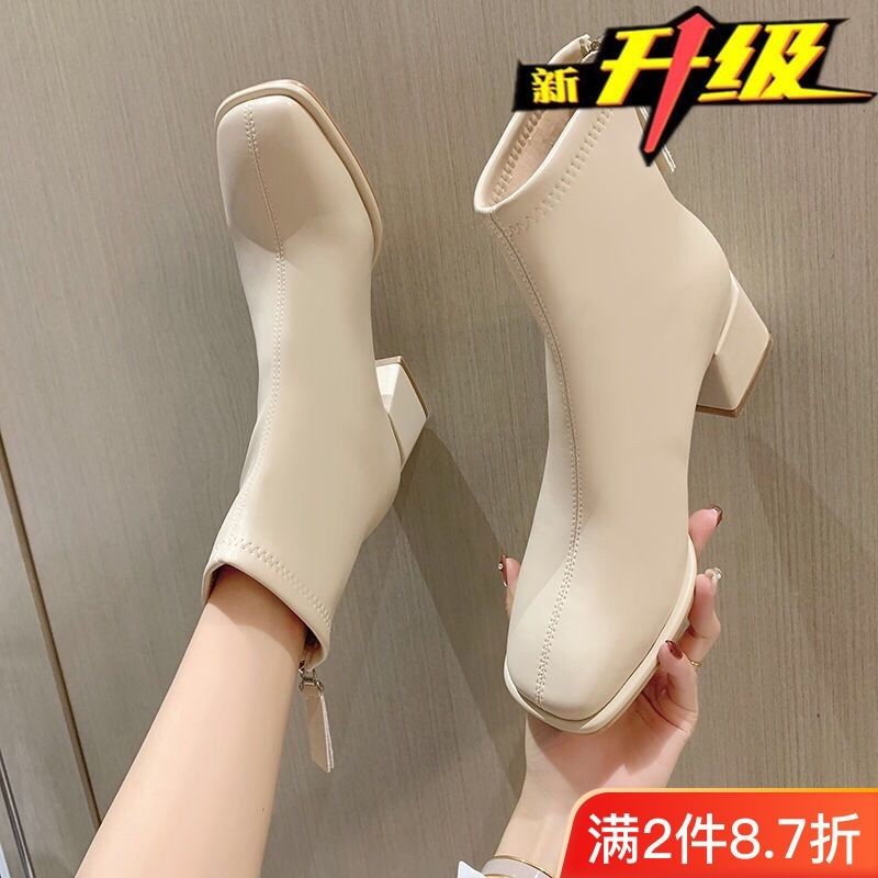 品牌断码法式小短靴方头马丁靴女短靴2023冬季新款瘦瘦靴弹力靴韩