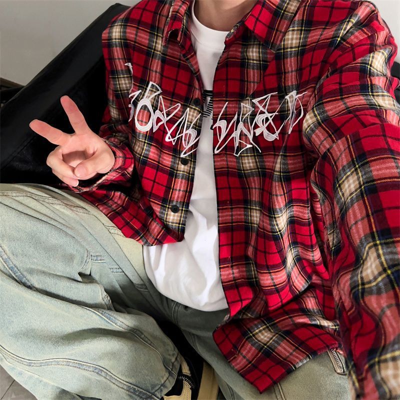 美式复古红色刺绣格子衬衫男潮牌长袖上衣hiphop高街夏季衬衣外套