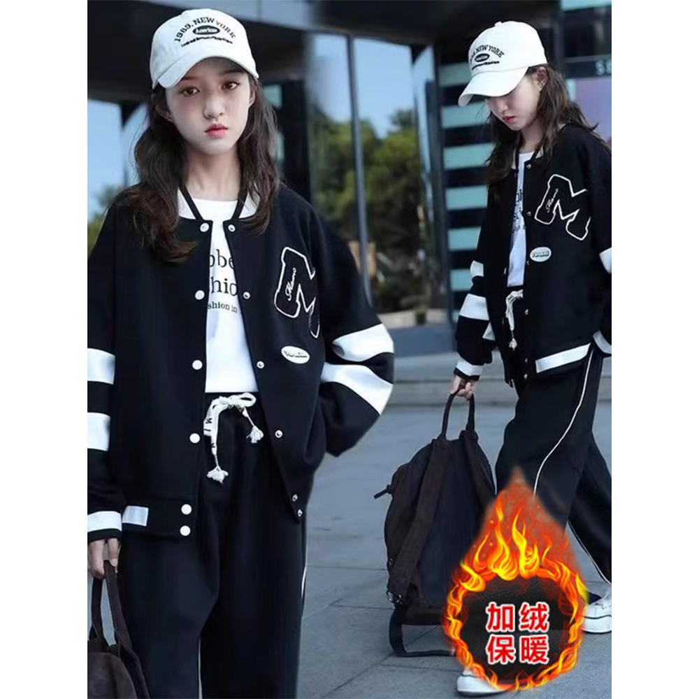 巴拉巴拉女童外套加绒秋冬季2023新款儿童卫衣棒球服中大童衣服初