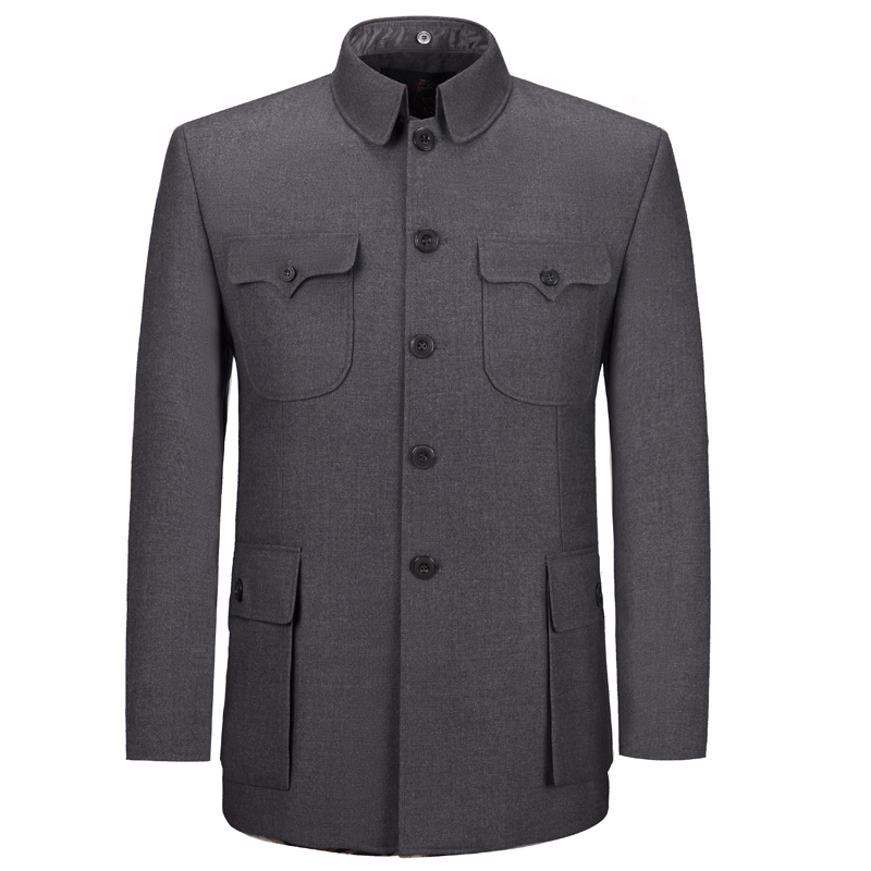 中山装男中老年套装老式春秋老年人翻领毛料中山服爸爸装毛爷爷装