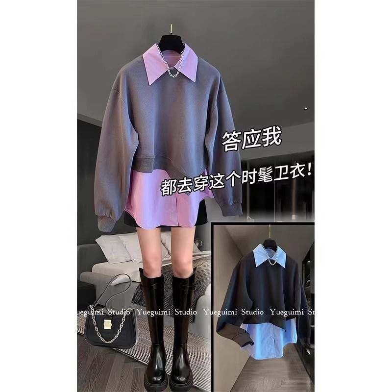 MM超大码300斤灰色假两件Polo领加厚卫衣女胖M设计感撞色百搭上衣