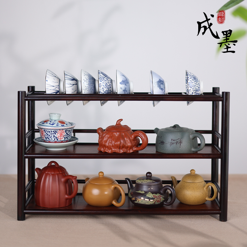 【竹影·雅集专属】成墨三层楠竹中式茶壶茶杯架轻博古架茶具收纳架
