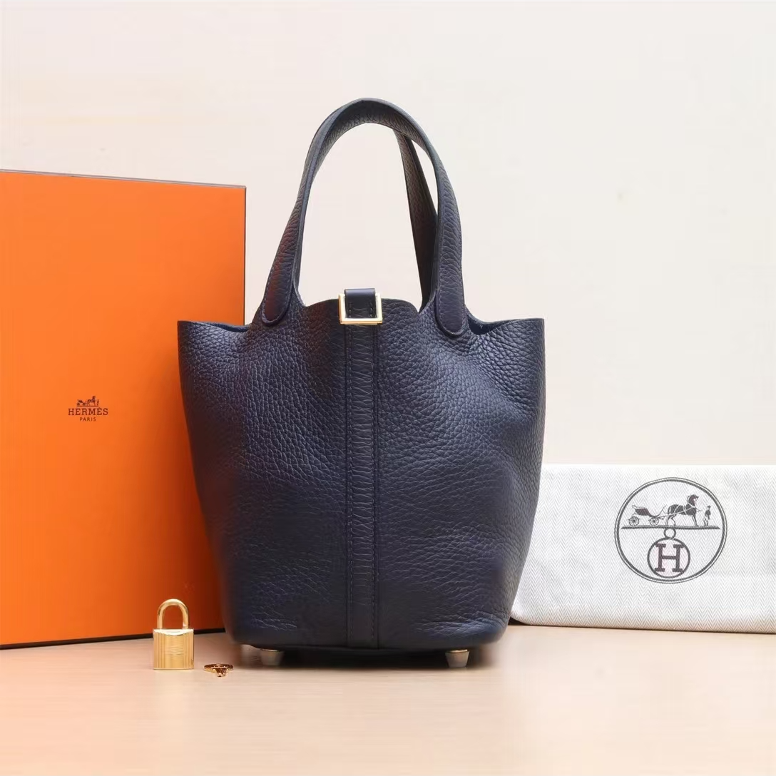 99新 Hermes/爱马仕 安洁利 爱马仕午夜蓝菜篮子金扣手提包