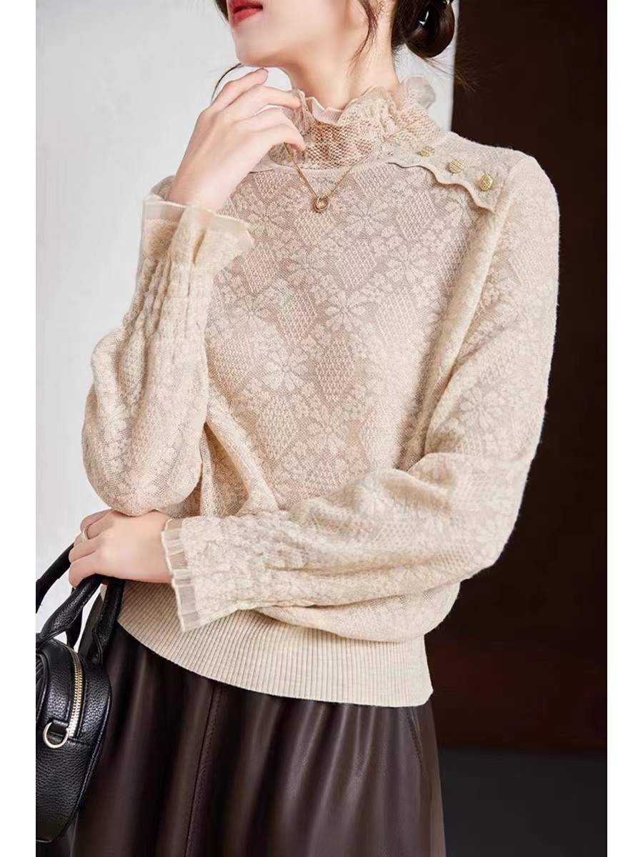 秋季新款蕾丝羊毛打底衫 半高领显瘦洋气百搭提花打底衫上衣女