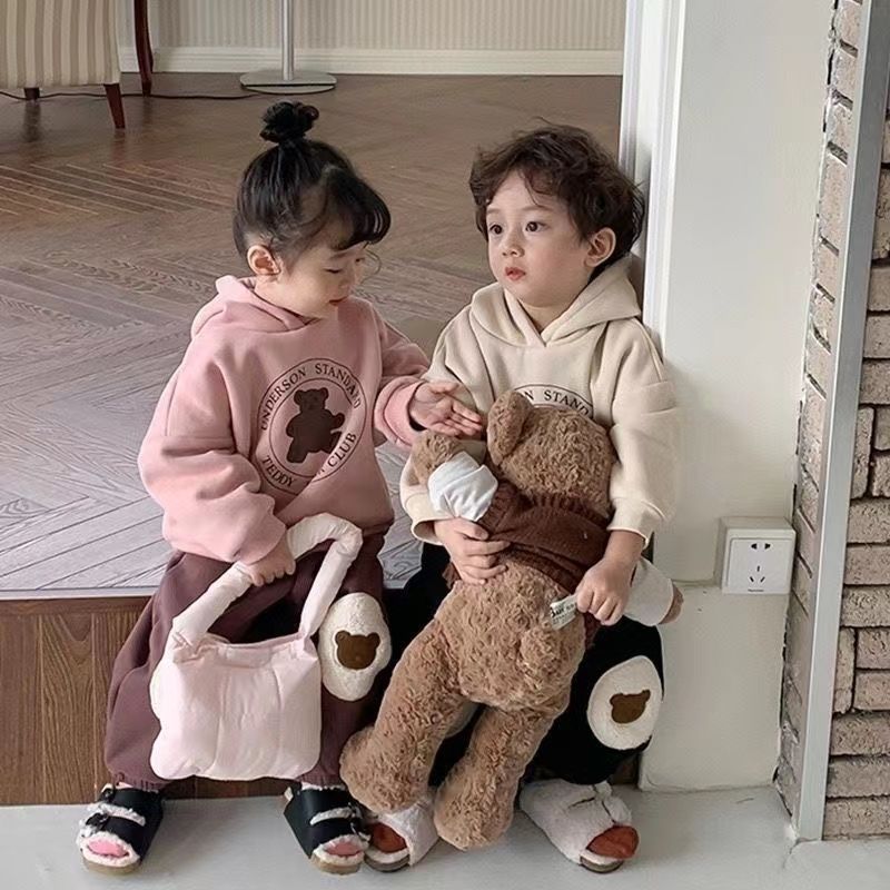 【清仓处理】韩国洋气男童加绒连帽卫衣套装儿童秋冬款女宝宝百搭