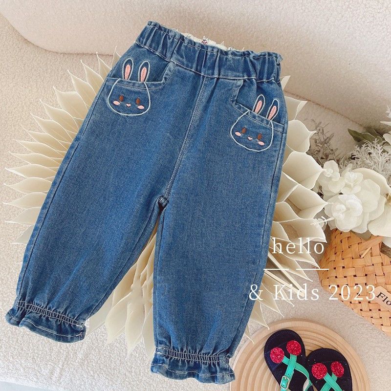 【清仓处理】韩版童装女童牛仔裤春秋款蓝色洋气可爱兔子束脚裤小
