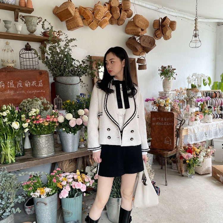 「现货」伊麦麦YIMAIMAI 春夏粗花呢学院小香风四叶草黑白套装