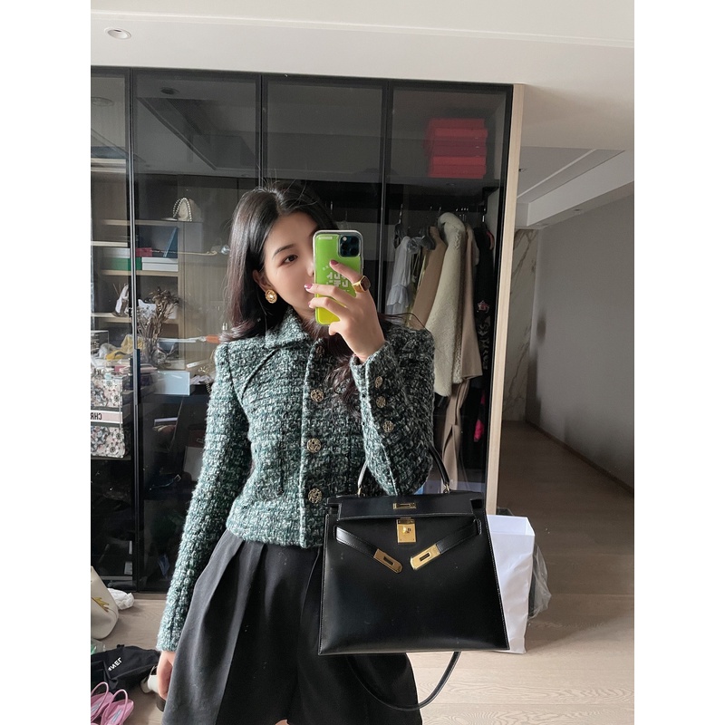 伊麦麦YMM早秋新款森林绿粗花呢重工款短外套现货