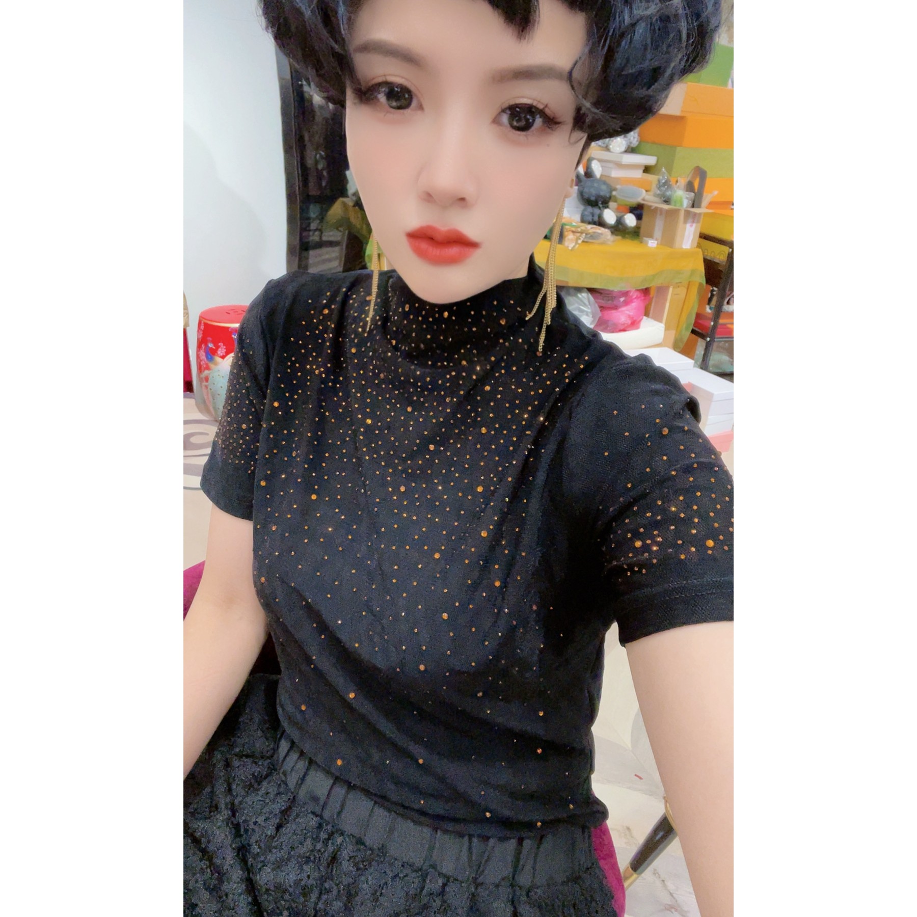 FJ502 时尚特色气质显瘦夏季洋气网红提花复古短袖上衣