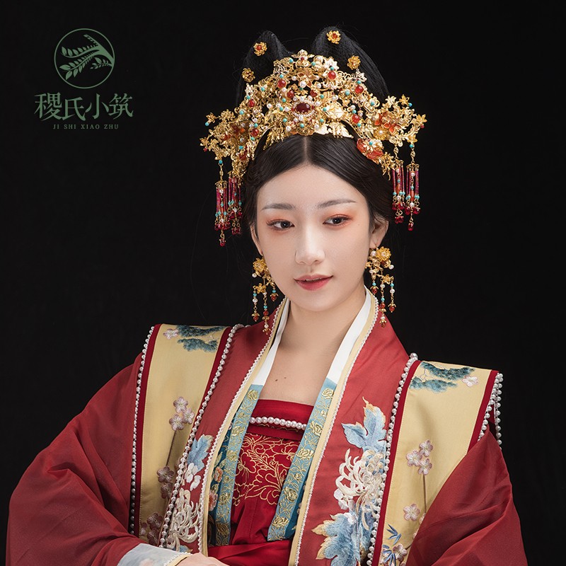稷氏小筑 金碧芙蓉 原创纯手工新娘婚嫁宋制发冠头饰发钗古风配饰
