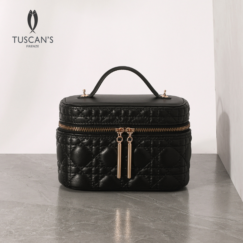 【轻奢】时代双鱼羊皮菱格化妆盒休闲洋气菱格盒子包黑色经典百搭斜