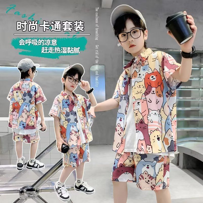 男童夏季套装2023新款儿童网红洋气短袖衬衫短裤两件套度假风短袖