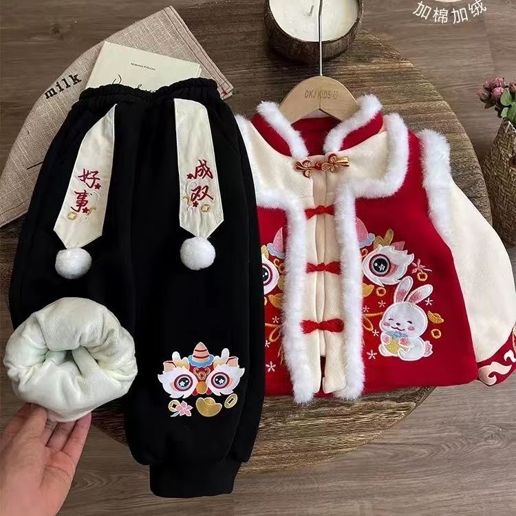 女童冬季拜年服套装中国风唐装加绒加厚新款年服宝宝喜庆新年衣服