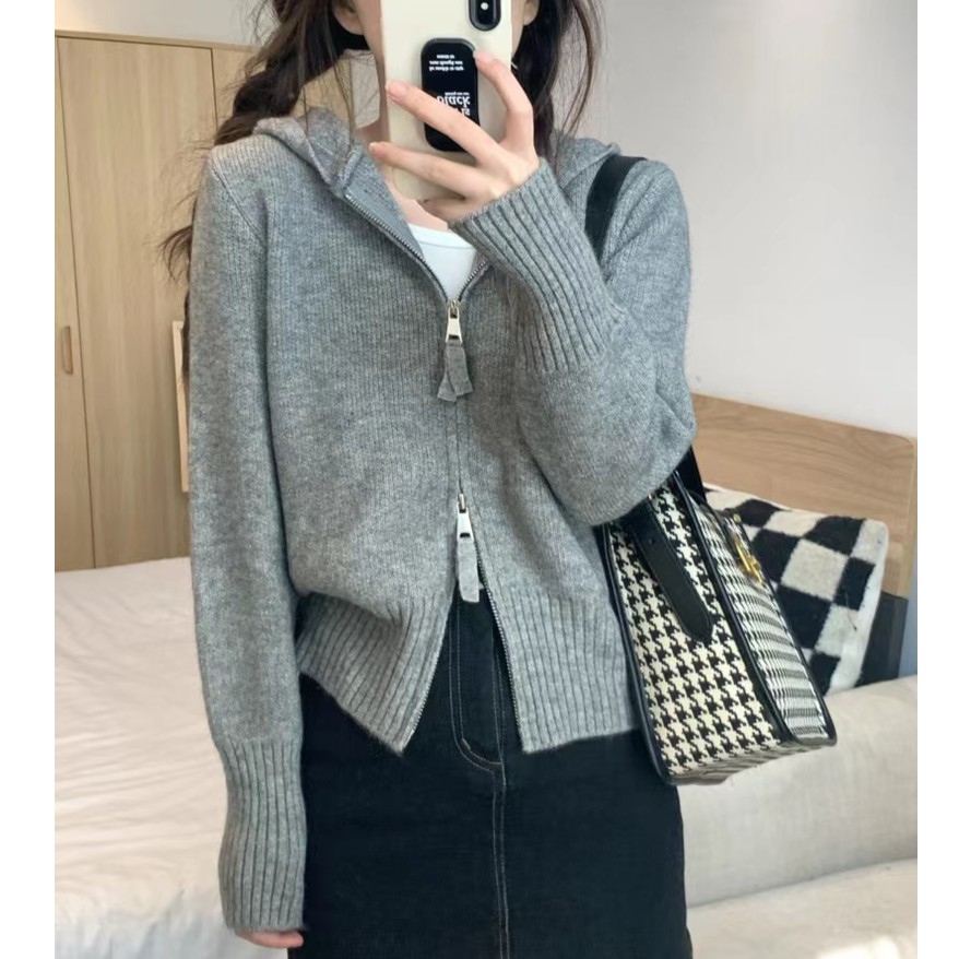 设计感双拉链针织衫开衫外套女秋季小众宽松短款毛衣连帽上衣225