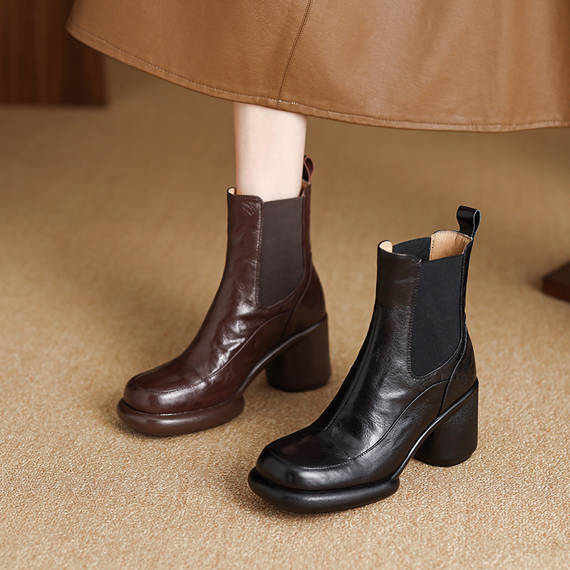 头层羊皮5-7cm跟专柜新款时装休闲增高厚底极简高级松紧切尔西靴