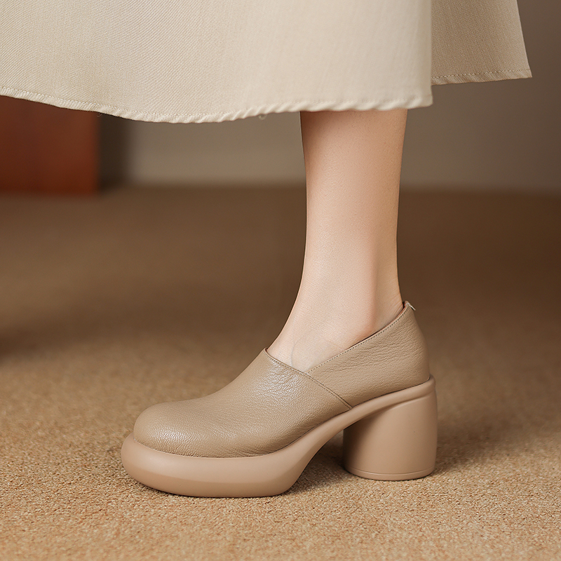 头层牛皮7cm粗跟圆头四季深口鞋返潮复古优雅时髦松弛感高级穿搭