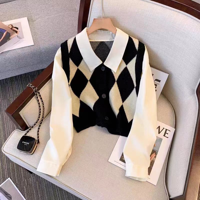 小香风菱格针织马甲韩版宽松百搭秋季外搭上衣