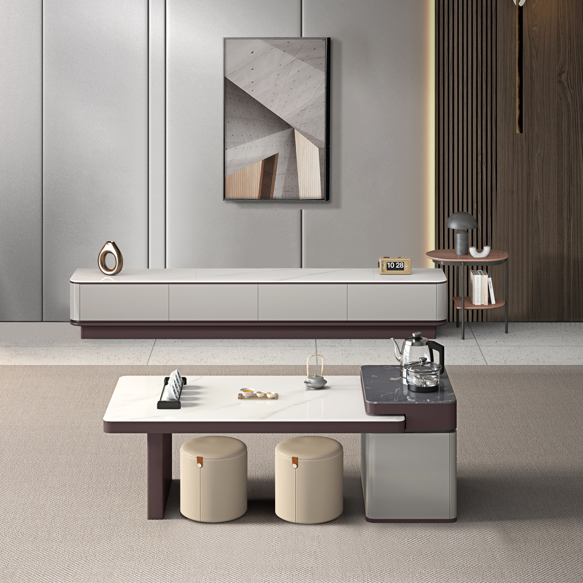 高级轻奢实木岩板落地式电视柜茶几组合套装客厅边柜整体电视机柜