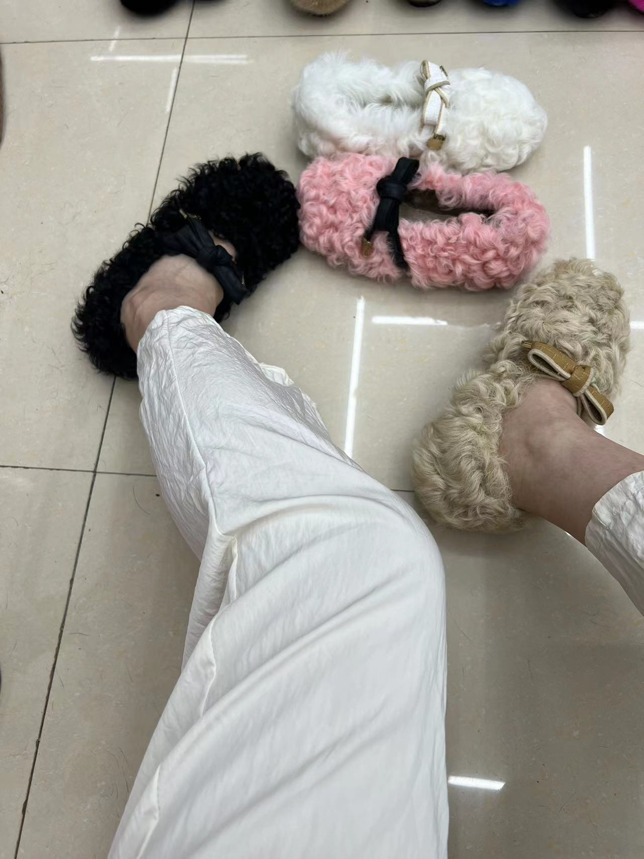 2024卷毛蝴蝶结泰迪毛皮毛一体女瓢鞋浅口女鞋舒适百搭鞋子