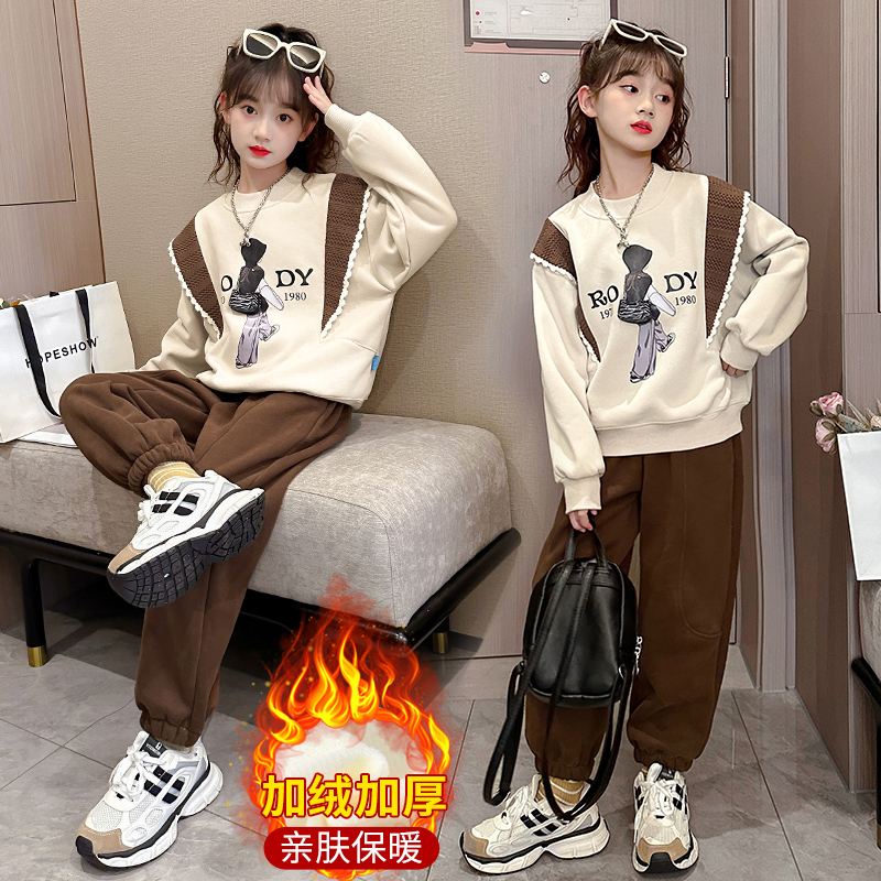 女童加绒加厚卫衣2023年冬季新款网红中大童时尚休闲保暖背包套装