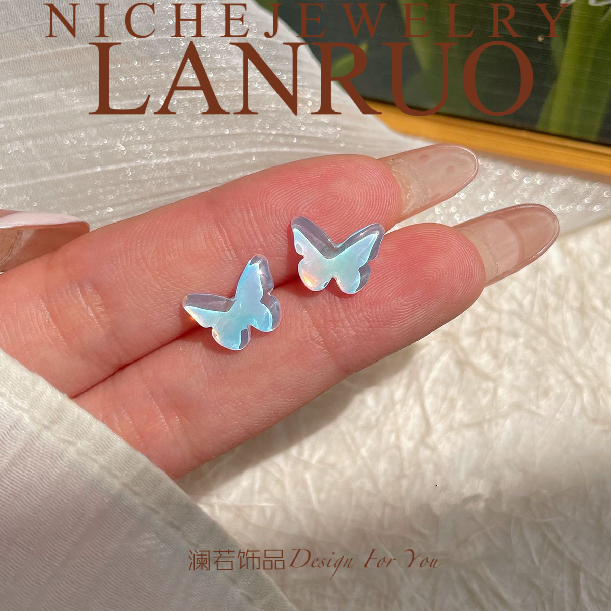 铜合金合成锆石耳饰 LanRou澜若【炫彩蝶】925银针百搭气质E013