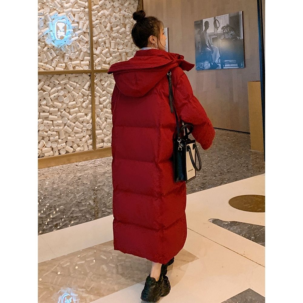 波司澄新款中长款过膝羽绒棉服女冬韩版加厚时尚洋气新年红