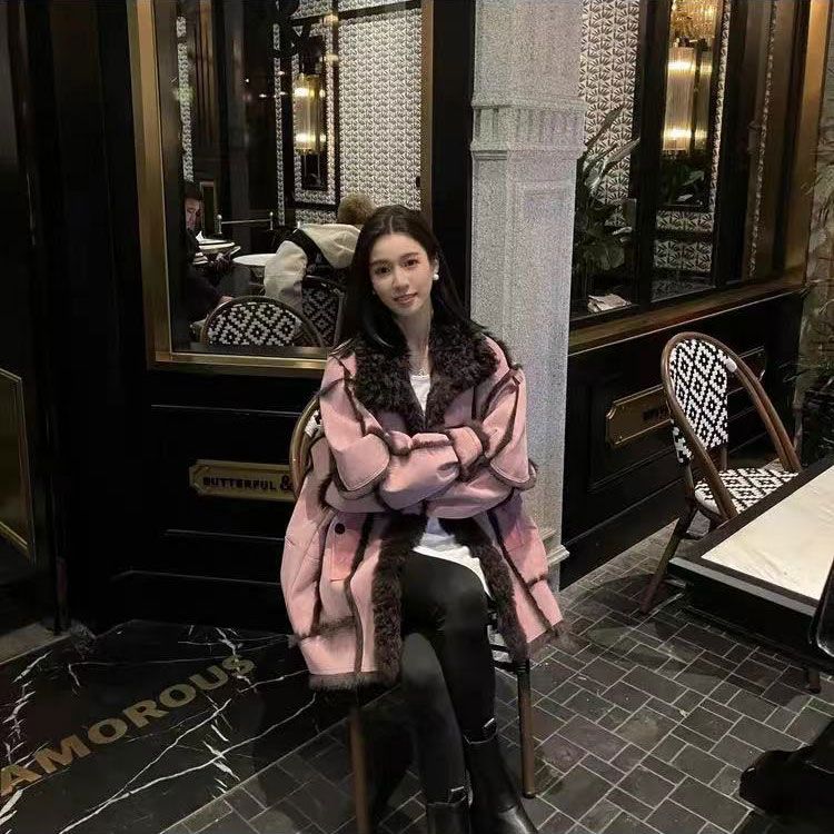波司澄新款秋冬拼接百搭宽松大衣女皮毛一体毛领加绒加厚外