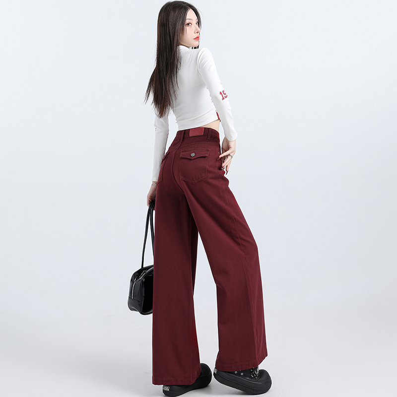 秋冬新款甜酷风安格拉&原牛色红直筒拖地阔腿裤女显瘦时尚百搭