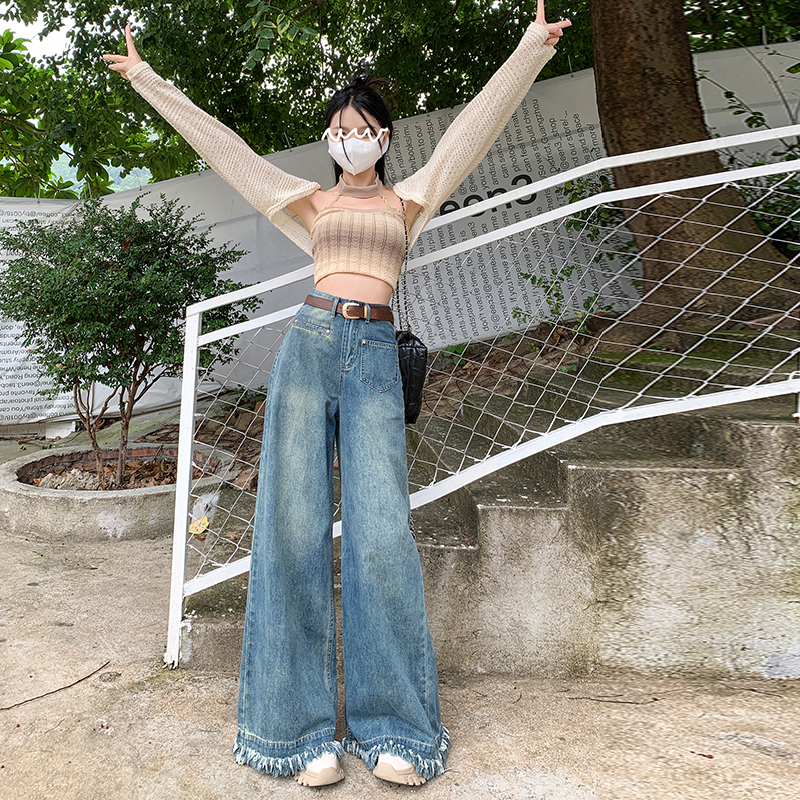 毛边复古柔软阔腿牛仔裤女2024年新款设计感高腰宽松垂感拖地裤裙