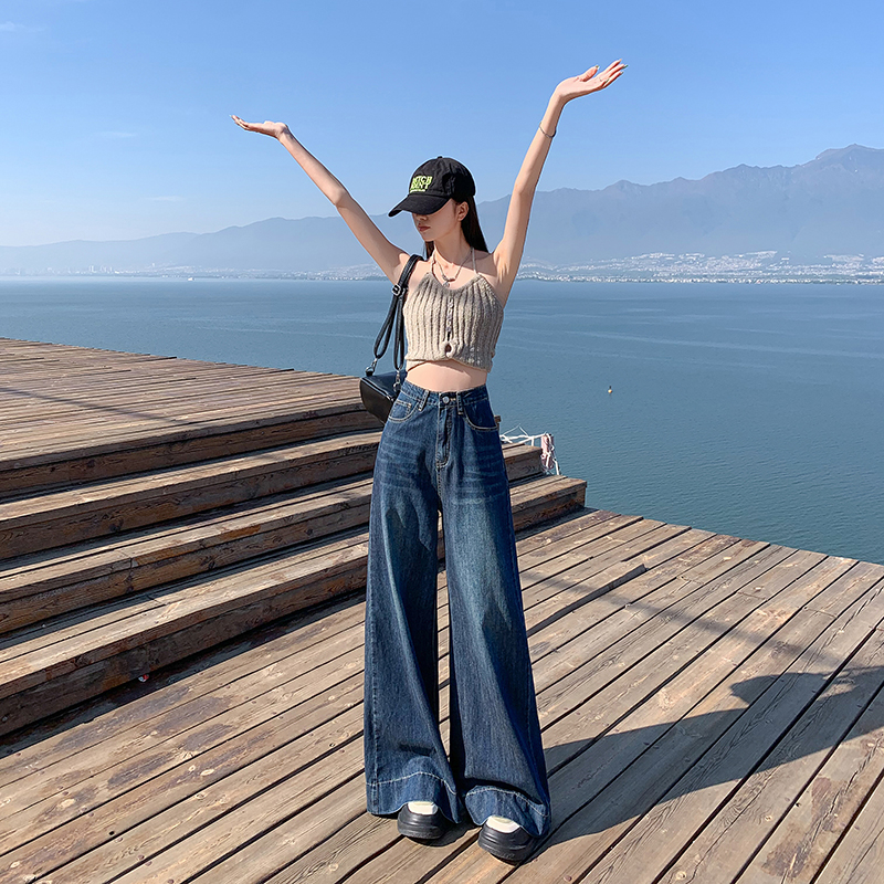 2024夏季超薄新品复古宽松牛仔裤女浅色百搭显瘦垂感拖地长裤