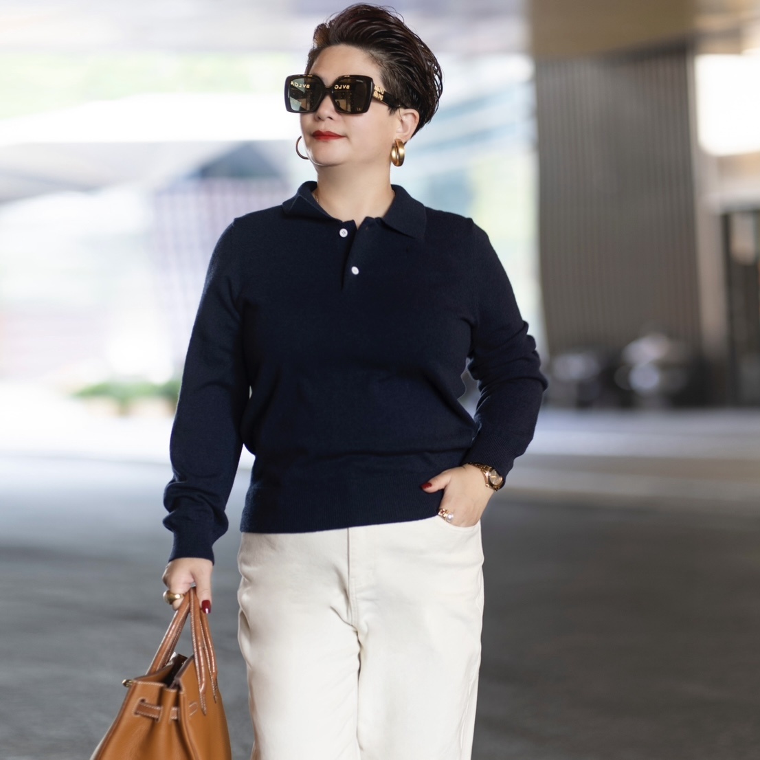 向红同学2025秋冬新款午夜蓝优雅显瘦时尚法式polo领针织衫SY038