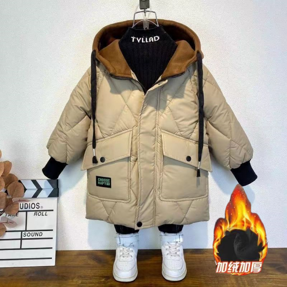 【冬季大促】男童棉服冬款高档加棉加绒加厚外套中大童中长款连