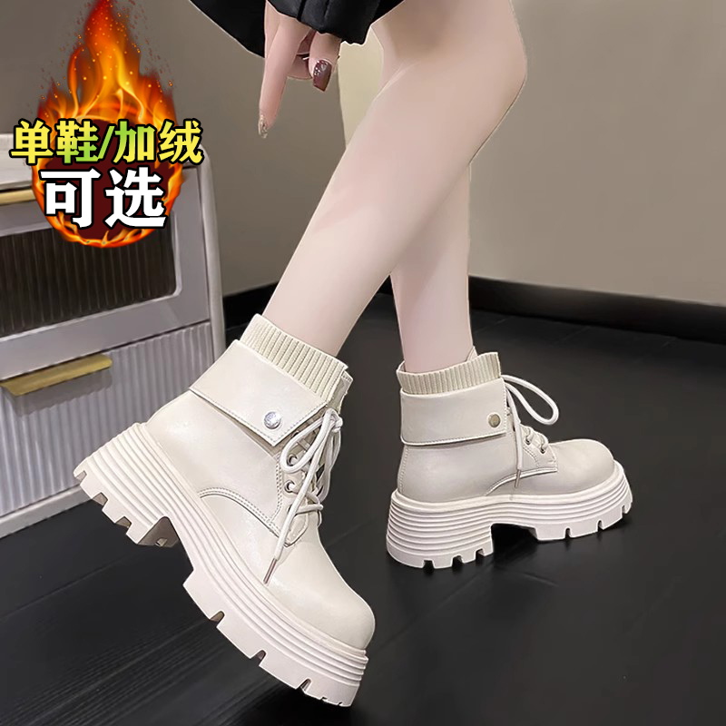 红蜻蜓牌白色马丁靴女2023新款冬季加绒棉鞋厚底英伦风高跟短靴子