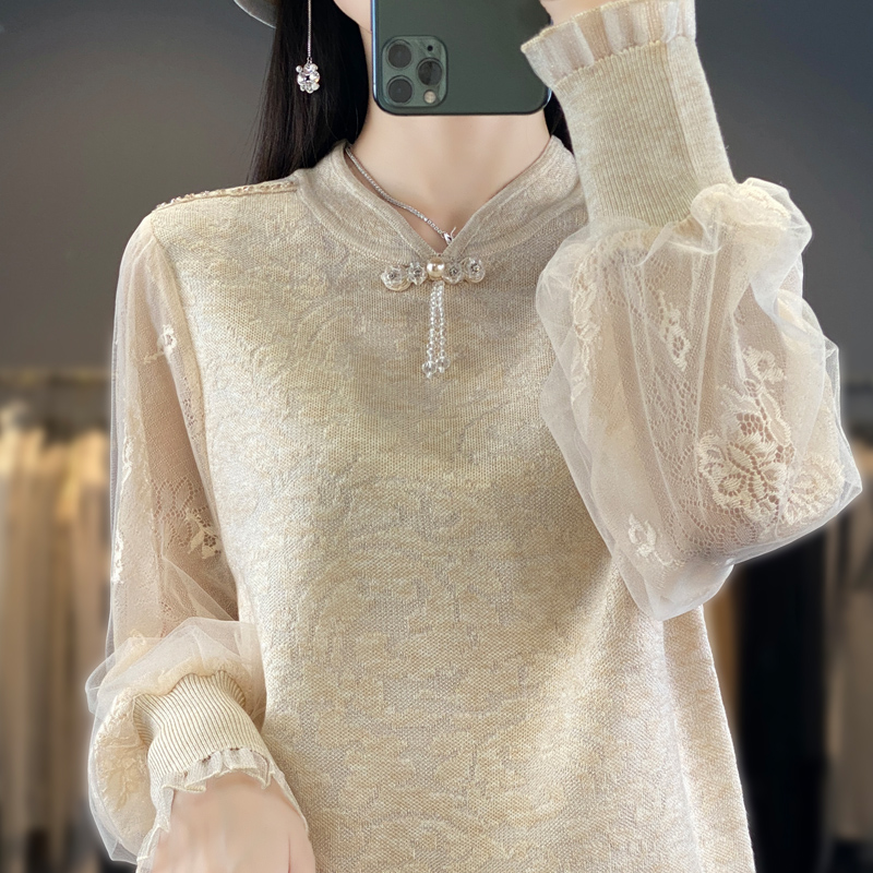 2024春秋新款蕾丝长袖毛衣女士立领镂空针织打底衫优雅气质显瘦