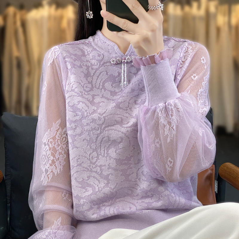 优雅气质中式粉色羊毛衫打底针织衫套头高级感立领毛衣女洋气上衣